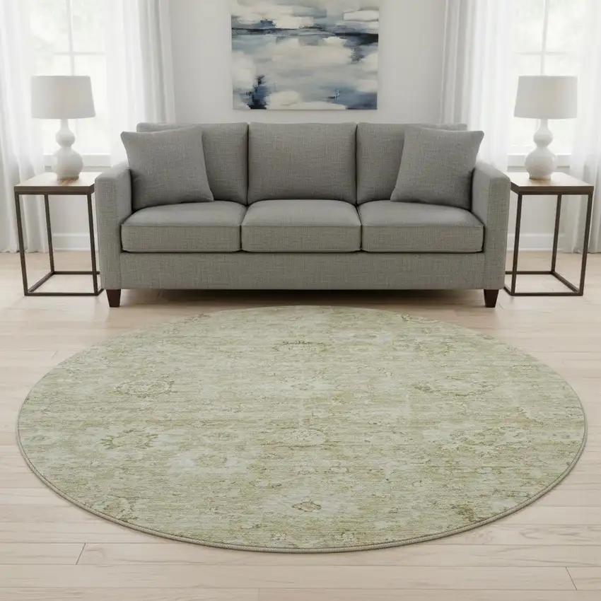 8' Beige And Brown Damask Washable Round Rug With UV Protection Photo 2
