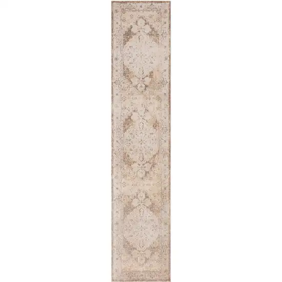 10' Beige And Brown Floral Distressed Runner Rug Photo 4