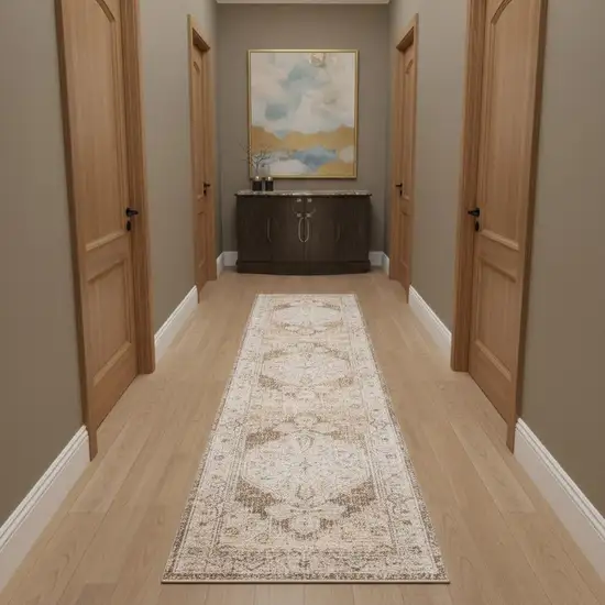 10' Beige And Brown Floral Distressed Runner Rug Photo 1