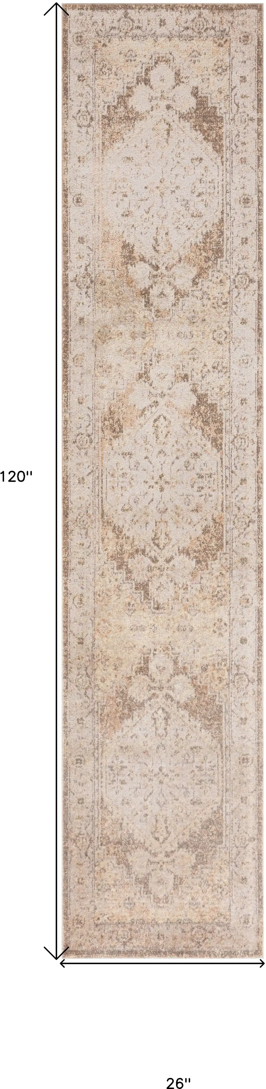 10' Beige And Brown Floral Distressed Runner Rug Photo 3