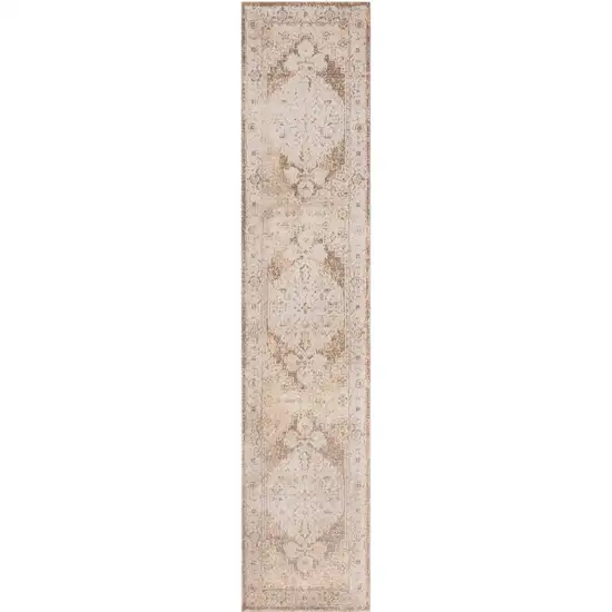 10' Beige And Brown Floral Distressed Runner Rug Photo 2
