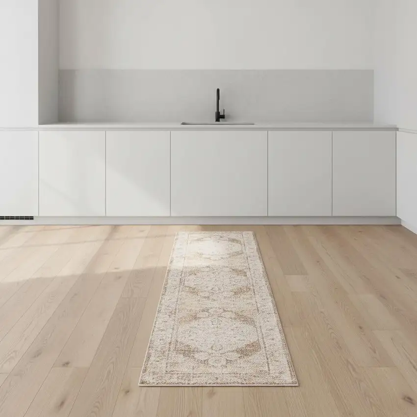 8' Beige And Brown Floral Distressed Runner Rug Photo 1