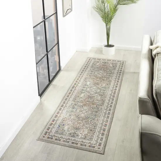 7' Beige And Brown Floral Runner Rug Photo 7