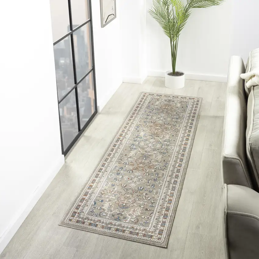 7' Beige And Brown Floral Runner Rug Photo 7