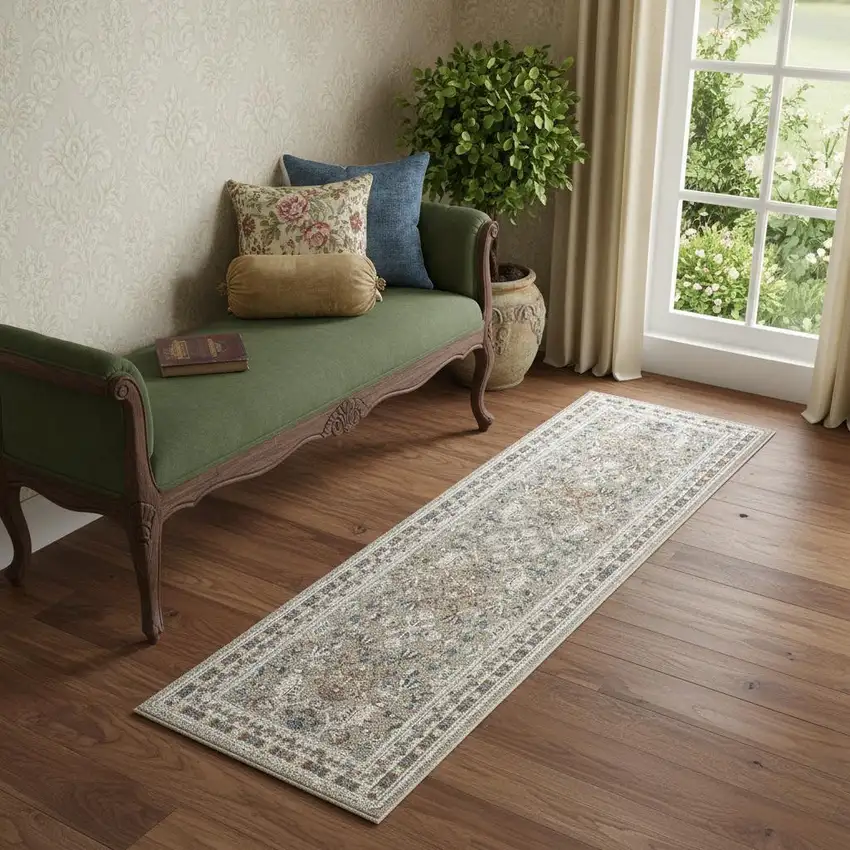 7' Beige And Brown Floral Runner Rug Photo 1