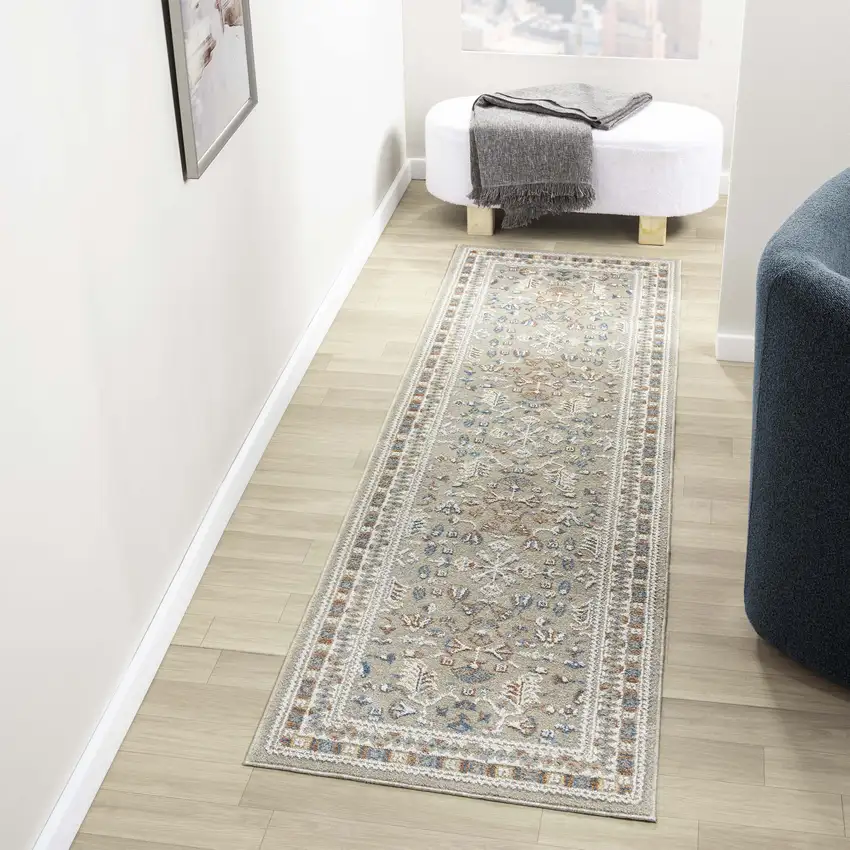 7' Beige And Brown Floral Runner Rug Photo 5