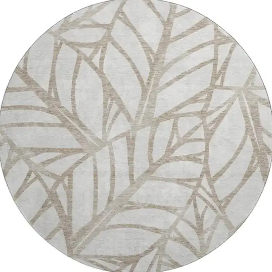 8' Beige And Brown Floral Washable Round Rug With UV Protection Photo 3