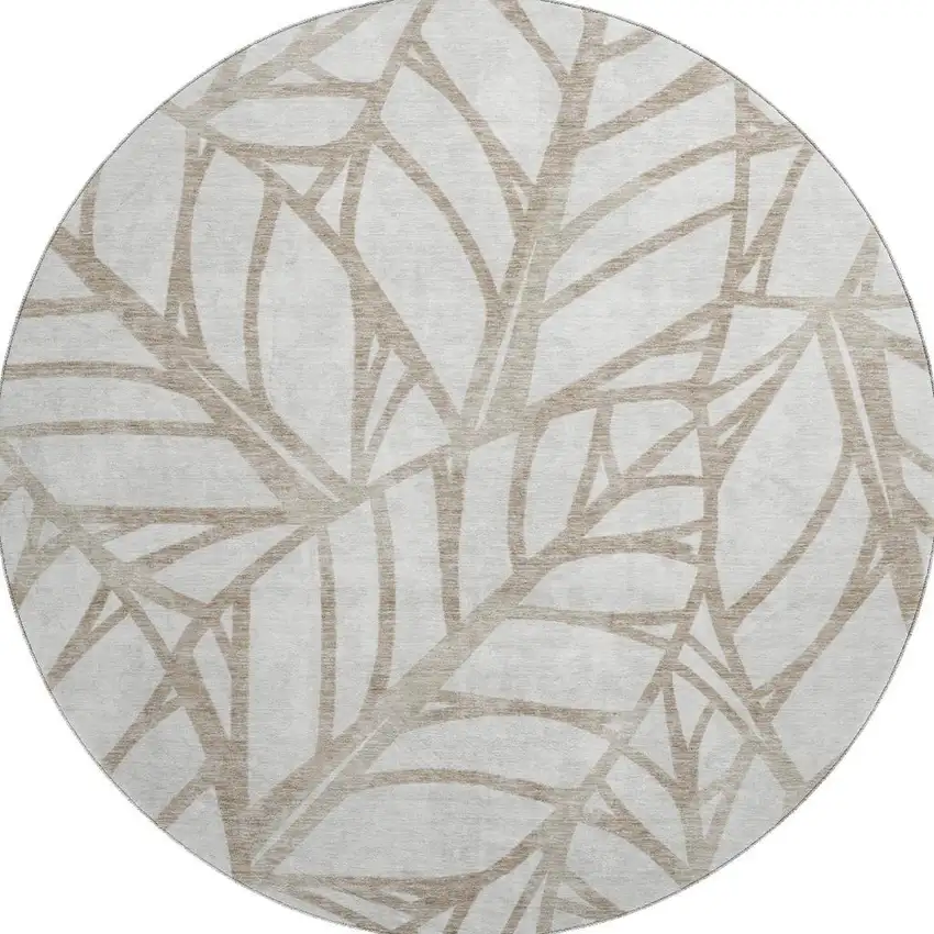 8' Beige And Brown Floral Washable Round Rug With UV Protection Photo 3