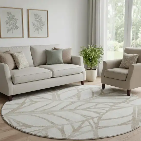 8' Beige And Brown Floral Washable Round Rug With UV Protection Photo 1