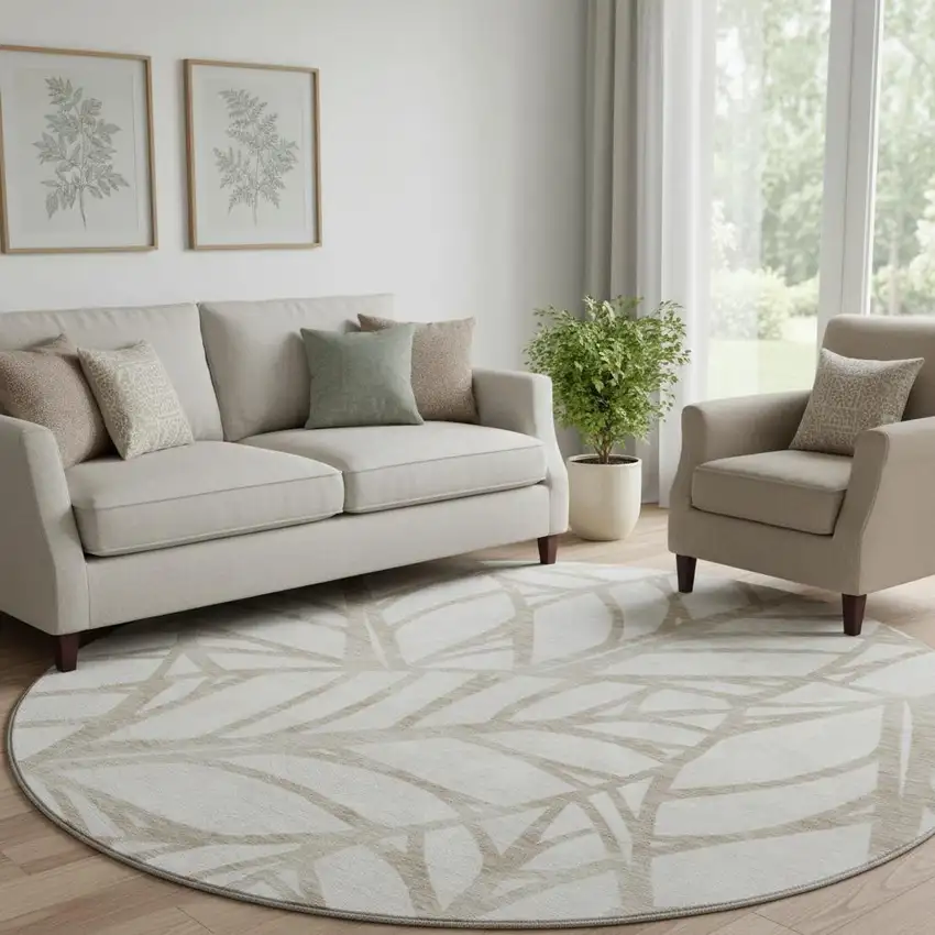 8' Beige And Brown Floral Washable Round Rug With UV Protection Photo 1