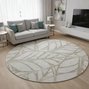 Photo of 8' Beige And Brown Floral Washable Round Rug With UV Protection