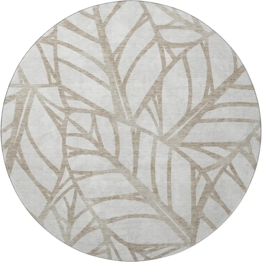 8' Beige And Brown Floral Washable Round Rug With UV Protection Photo 4