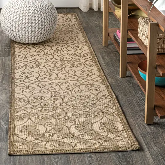 8' Beige And Brown Geometric Indoor Outdoor Runner Rug Photo 4