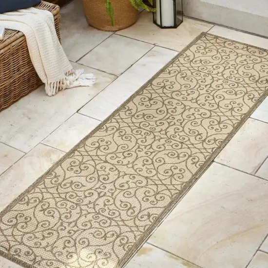 8' Beige And Brown Geometric Indoor Outdoor Runner Rug Photo 5