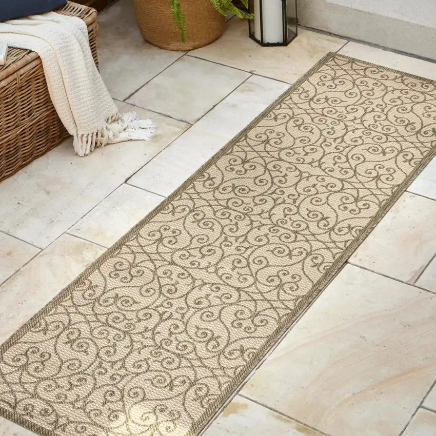 8' Beige And Brown Geometric Indoor Outdoor Runner Rug Photo 5