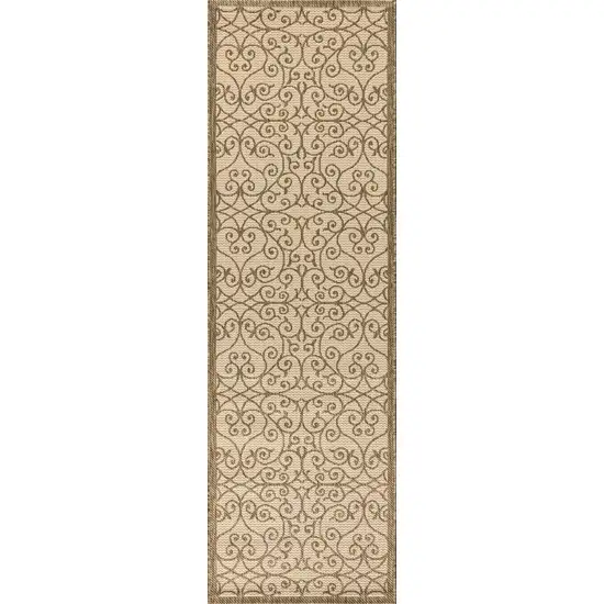 8' Beige And Brown Geometric Indoor Outdoor Runner Rug Photo 1
