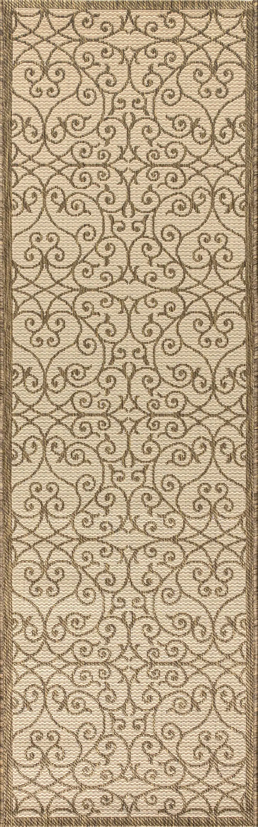 8' Beige And Brown Geometric Indoor Outdoor Runner Rug Photo 1