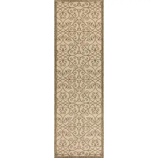 8' Beige And Brown Geometric Indoor Outdoor Runner Rug Photo 3