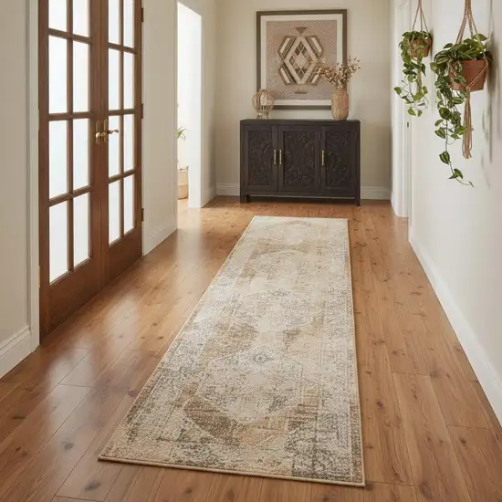 10' Beige And Brown Geometric Runner Rug Photo 1