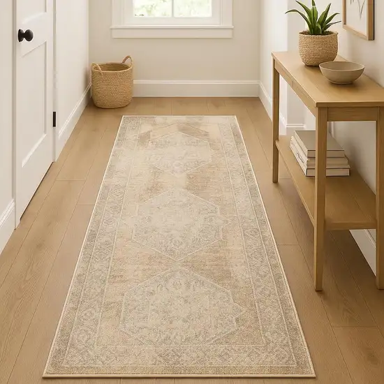 10' Beige And Brown Geometric Runner Rug Photo 1