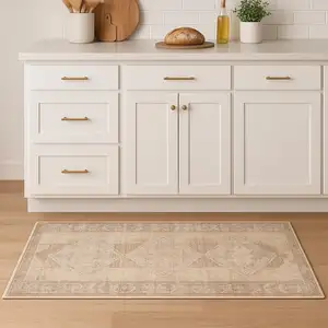 Photo of 8' Beige And Brown Geometric Runner Rug