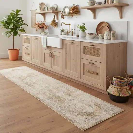 8' Beige And Brown Geometric Runner Rug Photo 1