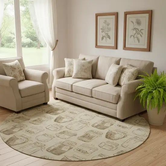 8' Beige And Brown Geometric Washable Round Rug With UV Protection Photo 1