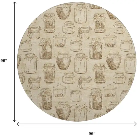 8' Beige And Brown Geometric Washable Round Rug With UV Protection Photo 3