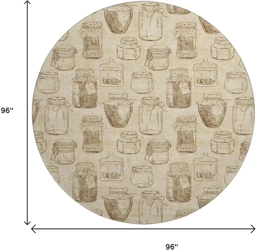 8' Beige And Brown Geometric Washable Round Rug With UV Protection Photo 3