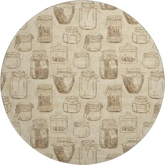 8' Beige And Brown Geometric Washable Round Rug With UV Protection Photo 2