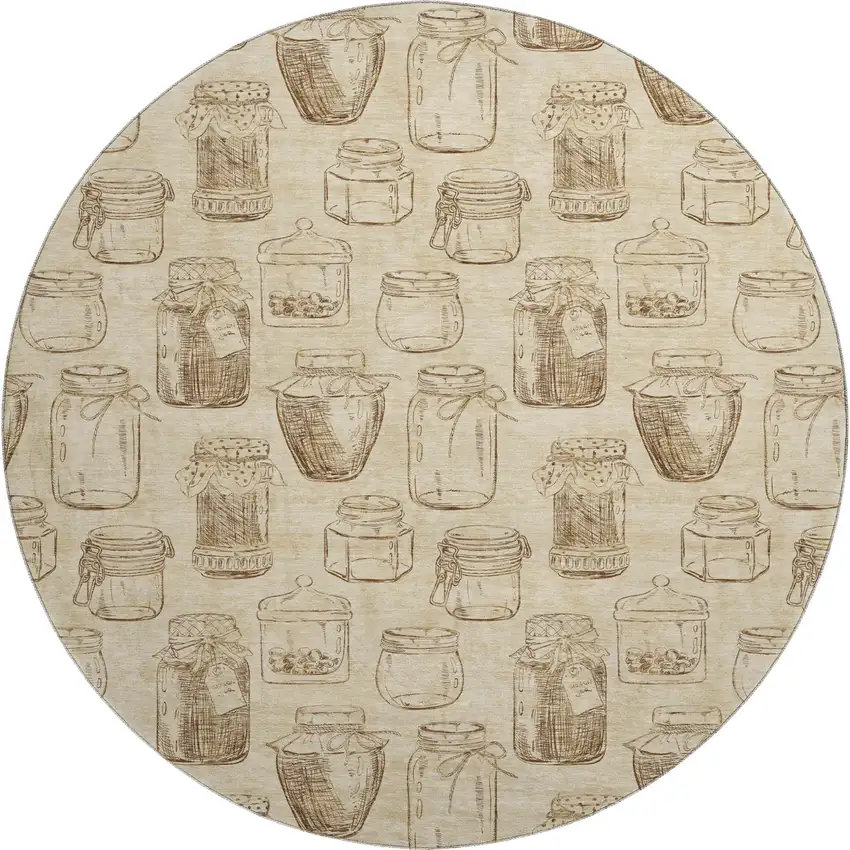 8' Beige And Brown Geometric Washable Round Rug With UV Protection Photo 2