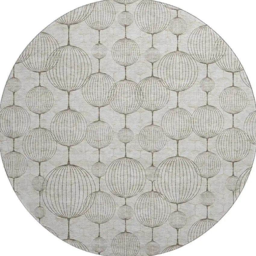 8' Beige And Brown Geometric Washable Round Rug With UV Protection Photo 4