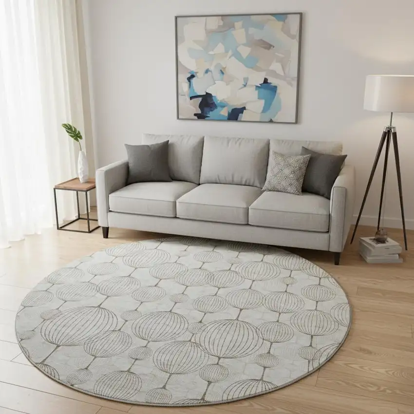 8' Beige And Brown Geometric Washable Round Rug With UV Protection Photo 2