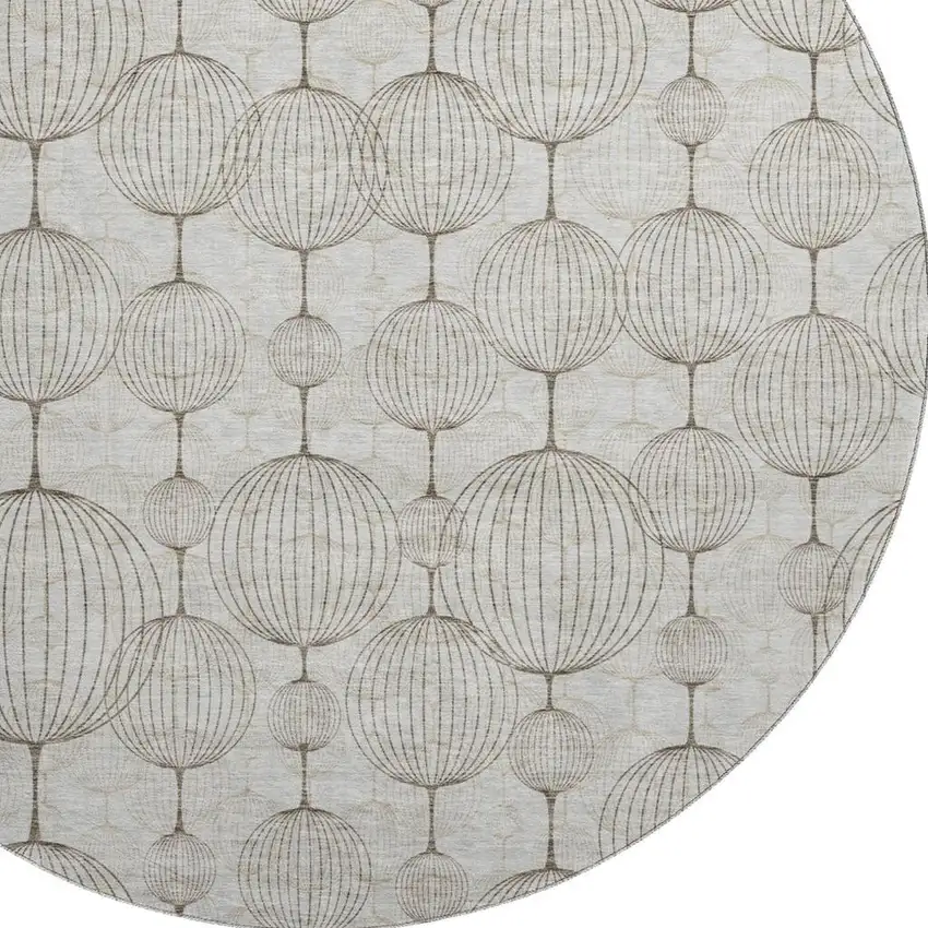 8' Beige And Brown Geometric Washable Round Rug With UV Protection Photo 3