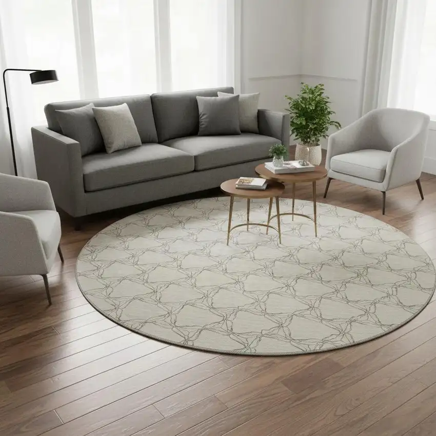 8' Beige And Brown Geometric Washable Round Rug With UV Protection Photo 2