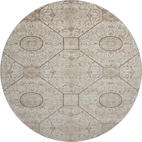 8' Beige And Brown Geometric Washable Round Rug With UV Protection Photo 1