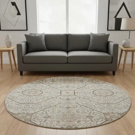 8' Beige And Brown Geometric Washable Round Rug With UV Protection Photo 2
