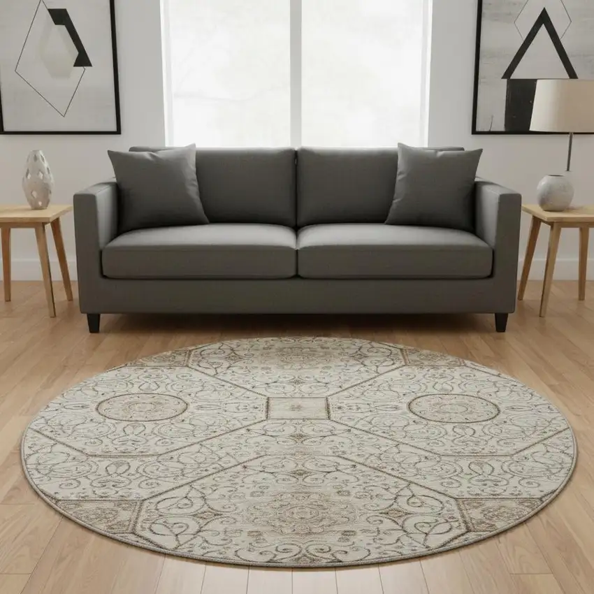 8' Beige And Brown Geometric Washable Round Rug With UV Protection Photo 2