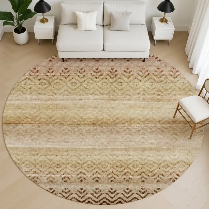 8' Beige And Brown Geometric Washable Round Rug With UV Protection Photo 5