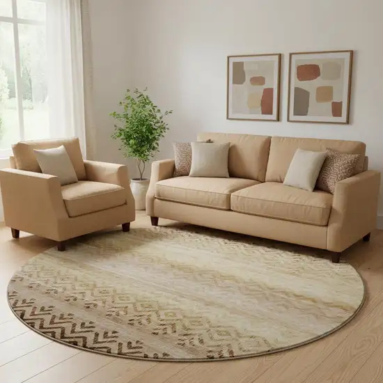 8' Beige And Brown Geometric Washable Round Rug With UV Protection Photo 2