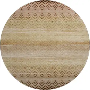 Photo of 8' Beige And Brown Geometric Washable Round Rug With UV Protection