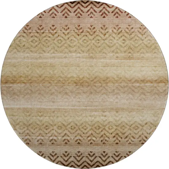 8' Beige And Brown Geometric Washable Round Rug With UV Protection Photo 1