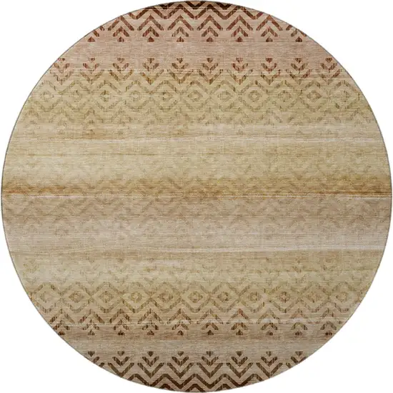 8' Beige And Brown Geometric Washable Round Rug With UV Protection Photo 4