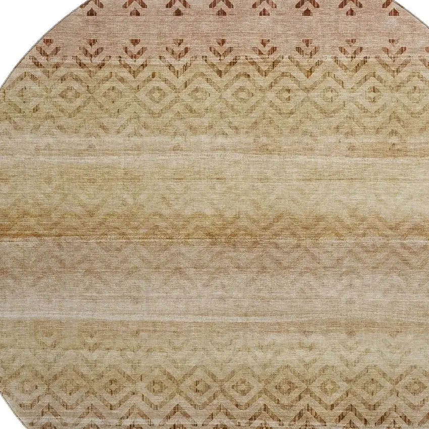8' Beige And Brown Geometric Washable Round Rug With UV Protection Photo 3