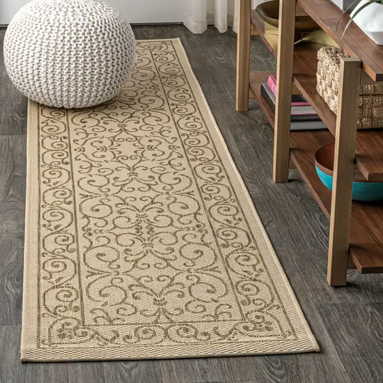 8' Beige And Brown Medallion Indoor Outdoor Runner Rug Photo 3