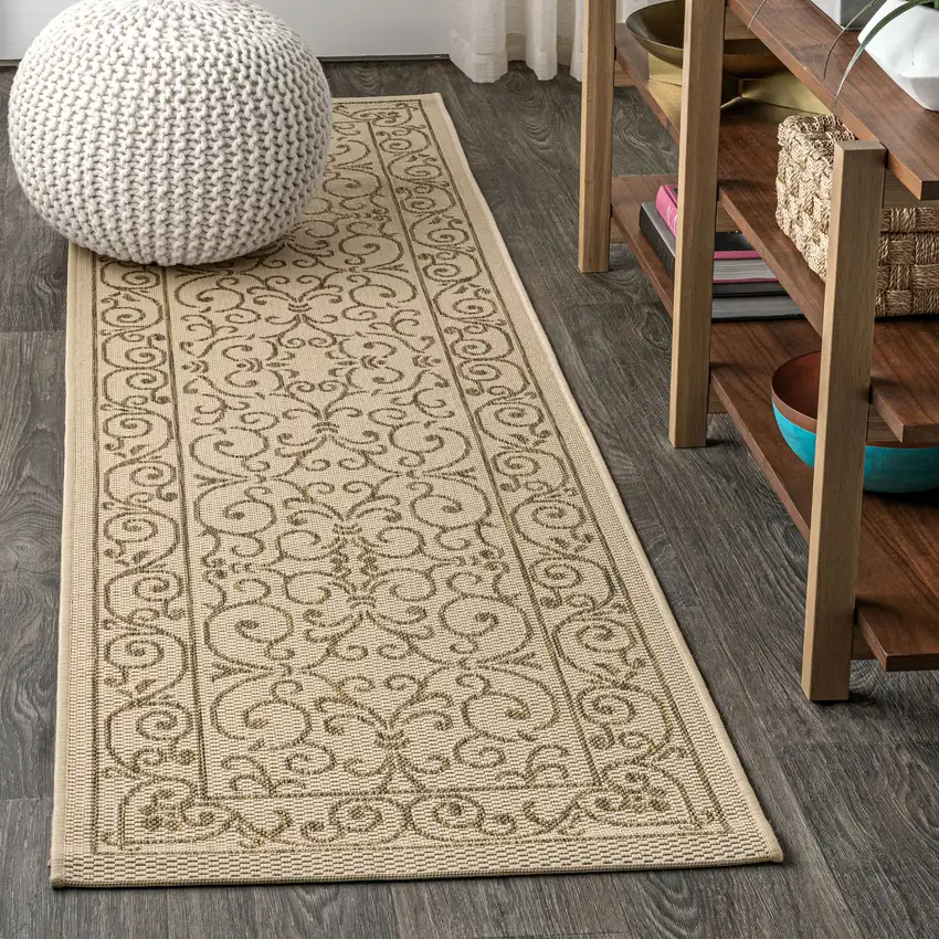 8' Beige And Brown Medallion Indoor Outdoor Runner Rug Photo 3