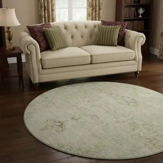 8' Beige And Brown Oriental Washable Round Rug With UV Protection Photo 2