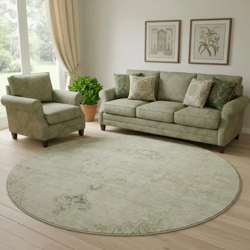 8' Beige And Brown Oriental Washable Round Rug With UV Protection Photo 1