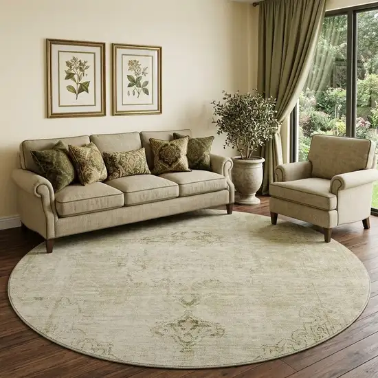 8' Beige And Brown Oriental Washable Round Rug With UV Protection Photo 1