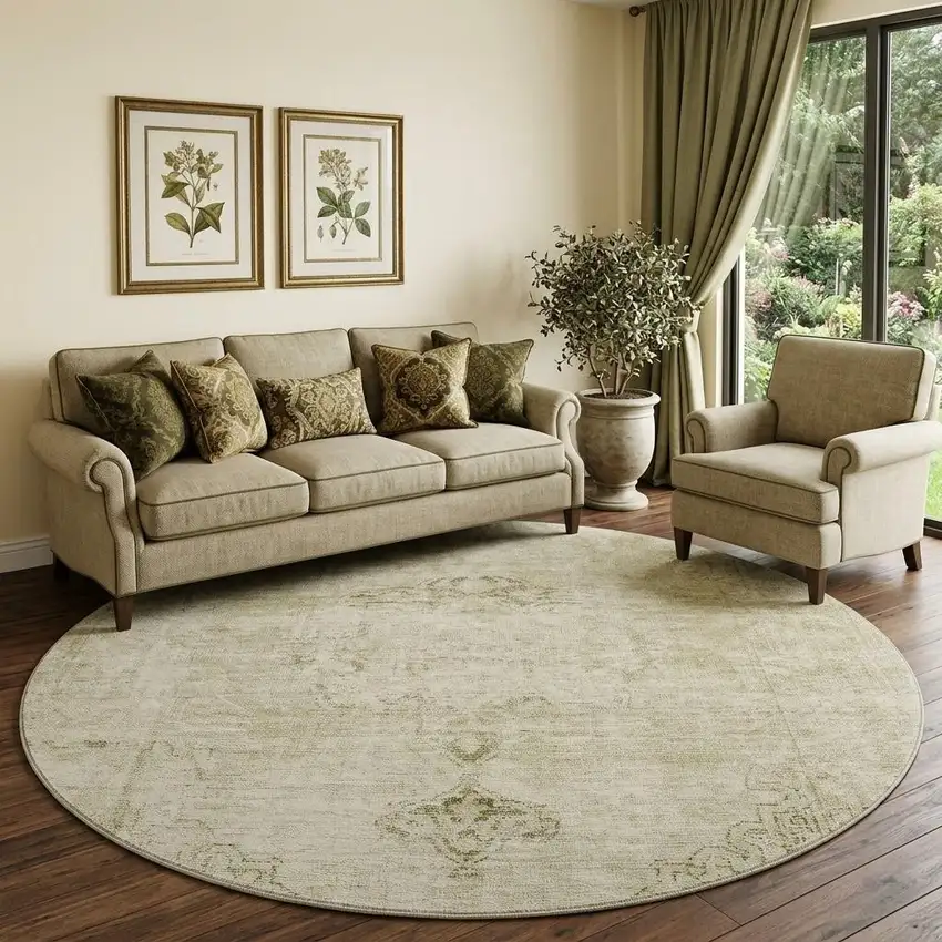 8' Beige And Brown Oriental Washable Round Rug With UV Protection Photo 1